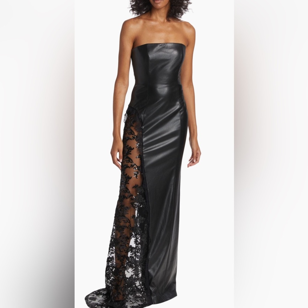 Alice and Olivia Elegant Black Faux Leather Gown with Lace Detail